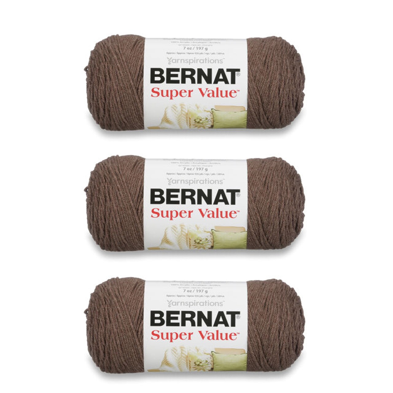Bernat Super Value Taupe Heather Yarn - 3 Pack of 198g/7oz - Acrylic - 4 Medium (Worsted) - 426 Yards - Knitting/Crochet